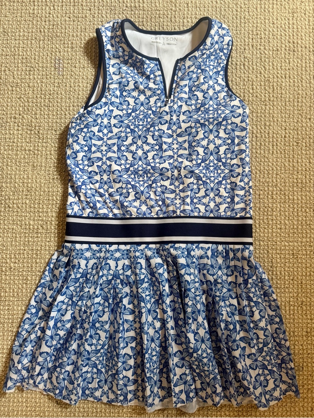 Greyson White and Blue butterfly Sleeveless Dress with Striped Waist